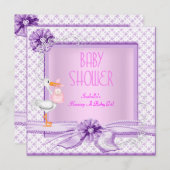 パープルピンクベビーシャワーガールフローラ 招待状 (正面/裏面)