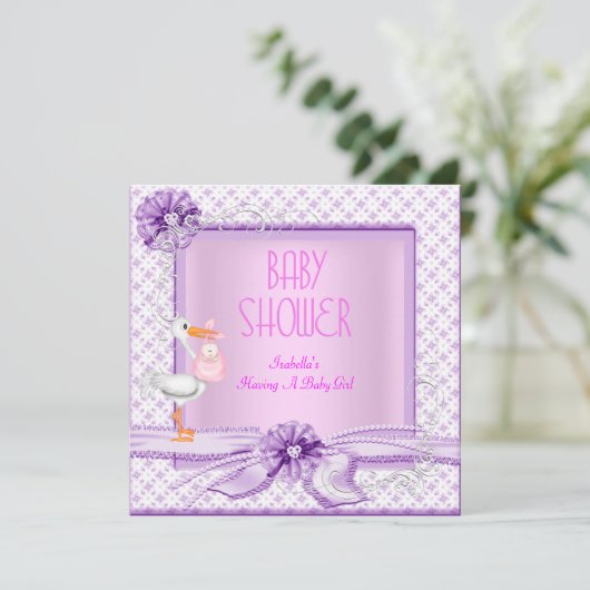 パープルピンクベビーシャワーガールフローラ 招待状 (スタンド正面)