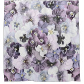 パープルピンクホワイトパンジーヴィンテージスケッチ シャワーカーテン (正面)