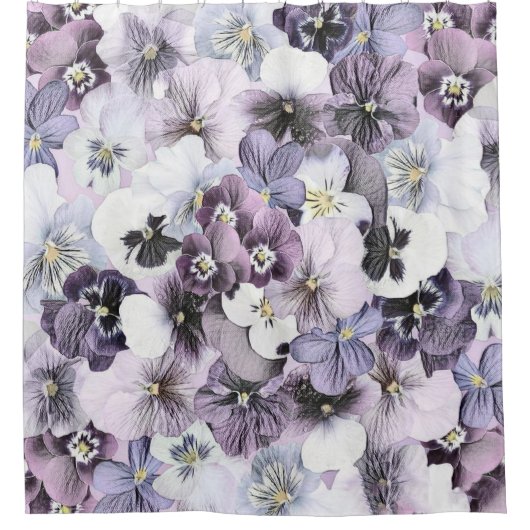 パープルピンクホワイトパンジーヴィンテージスケッチ シャワーカーテン (正面)