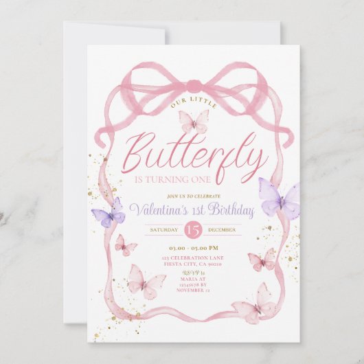 パープルピンクボウ我々のリトルバタフライ誕生日 招待状 (正面)