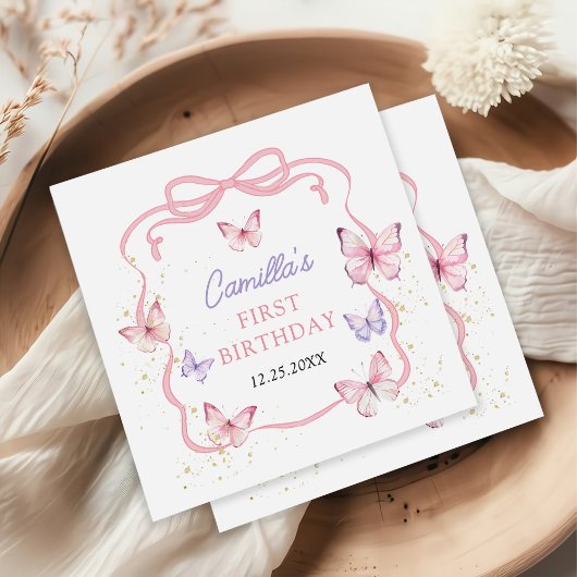 パープルピンクボウ蝶ガールバースデーパーティー スタンダードカクテルナプキン