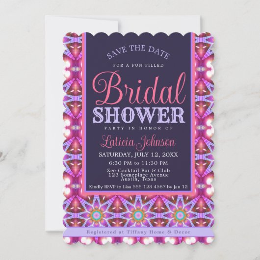 パープルピンクボヘミアンスターブライダルシャワーパーティー 招待状 (正面)