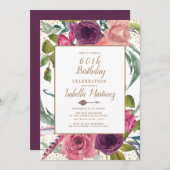パープルピンクボホフェザーフローラ金ゴールド60誕生日 招待状 (正面/裏面)