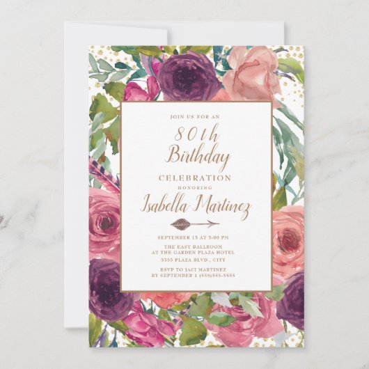 パープルピンクボホフェザーフローラ金ゴールド80誕生日 招待状 (正面)