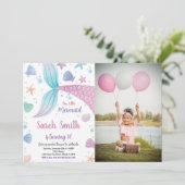 パープルピンクマーメイドテール誕生日招待状フォト 招待状 (スタンド正面)