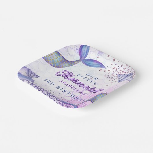 パープルピンクモダングリッターマーメイド誕生日 ペーパープレート (傾斜あり)