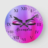 パープルピンクモノグラムグリッターまつモダンげ ラウンド壁時計 (正面)