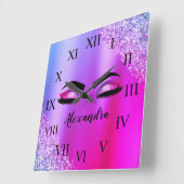 パープルピンクモノグラムグリッターまつモダン毛 スクエア壁時計 (傾斜)