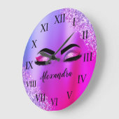 パープルピンクモノグラムグリッターまつモダン毛 ラージ壁時計 (傾斜)