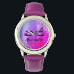 パープルピンクモノグラムグリッターまつモダン毛 腕時計<br><div class="desc">紫とピンクのホイルフェイクメタリックスパークルグリッターブラッシュメタルモノグラム名とイニシャルまつ毛（まつげ）、まつげエクステンションと目メイクアップ時計。これは、トレンディースタイルの誰かの彼女の結婚部屋のための完璧な甘い16歳の誕生日、ブライダルシャワー、記念日、赤ん飾だシャワーやバチェロレッテギフトクールを作る。</div>