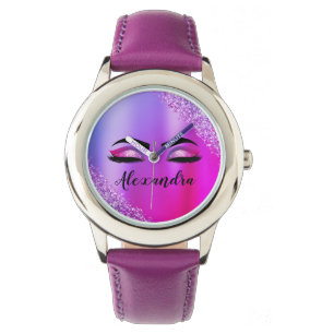 パープルピンクモノグラムグリッターまつモダン毛 腕時計