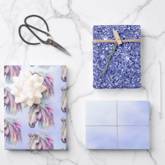 パープルピンクユニコーングリッタースパークル ラッピングペーパーシート (正面)