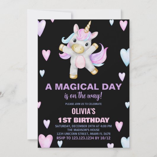 パープルピンクユニコーン誕生日招待状 招待状 (正面)