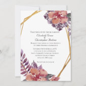 パープルピンクレッドフローラウォーター金ゴールド結婚ズ 招待状 (正面)