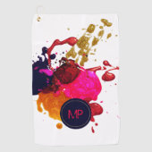 パープルピンクレッド金ゴールドネイルポリッシュ（ばちゃばちゃ）跳ねるモノグラム ゴルフタオル (正面)