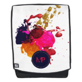 パープルピンクレッド金ゴールドネイルポリッシュ（ばちゃばちゃ）跳ねるモノグラム バックパック (正面)