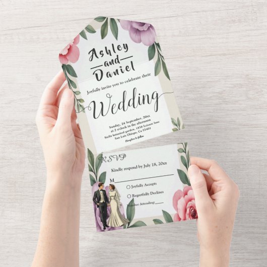 パープルピンクローズカップル水彩フローラ結婚ズ オールインワン招待状 (貼ってはがせる)