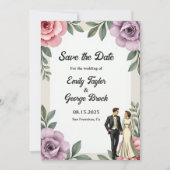 パープルピンクローズカップル水彩フローラ結婚ズ セーブザデート (正面)