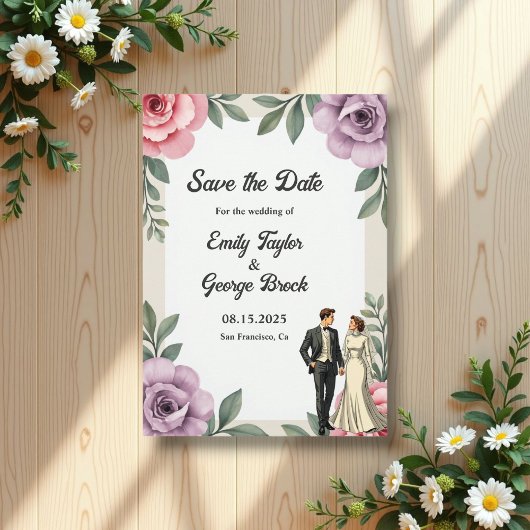 パープルピンクローズカップル水彩フローラ結婚ズ セーブザデート