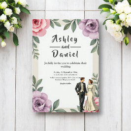 パープルピンクローズカップル水彩フローラ結婚ズ 招待状