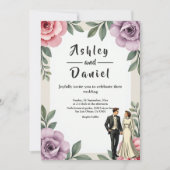 パープルピンクローズカップル水彩フローラ結婚ズ 招待状 (正面)