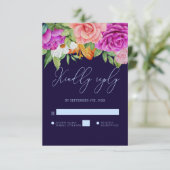 パープルピンクローズダークブルーはっきりしたフローラ結婚ズ 出欠カード (スタンド正面)