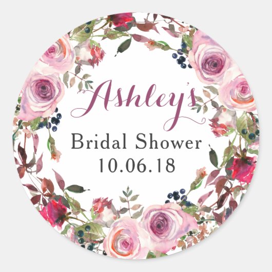 パープルピンクローズフローラブライダルシャワーありがとう ラウンドシール (正面)