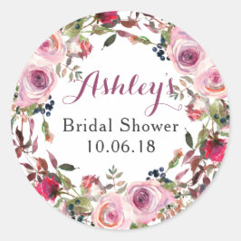 パープルピンクローズフローラブライダルシャワーありがとう ラウンドシール
