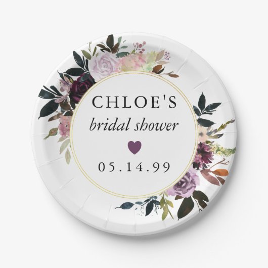 パープルピンクローズフローラブライダルシャワー ペーパープレート (正面)