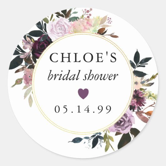 パープルピンクローズフローラブライダルシャワー ラウンドシール (正面)