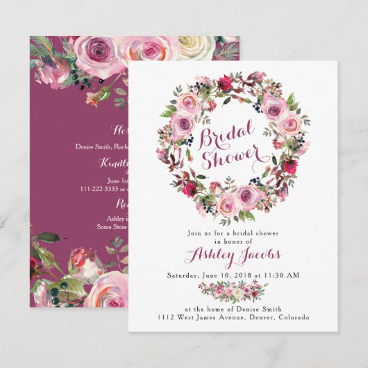 パープルピンクローズリースブライダルシャワー招待 招待状 (正面/裏面)