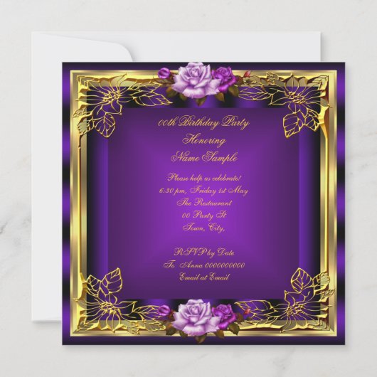 パープルピンクローズ金ゴールドエレガント誕生日6 招待状 (裏面)