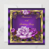 パープルピンクローズ金ゴールドエレガント誕生日6 招待状 (正面)