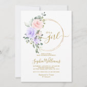 パープルピンクローズ&金ゴールドリースベビーシャワー 招待状 (正面)
