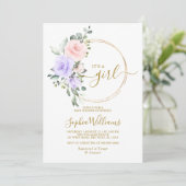 パープルピンクローズ&金ゴールドリースベビーシャワー 招待状 (スタンド正面)