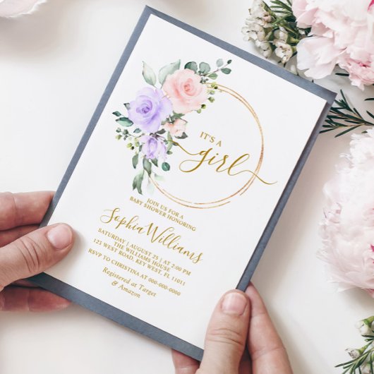 パープルピンクローズ&金ゴールドリースベビーシャワー 招待状