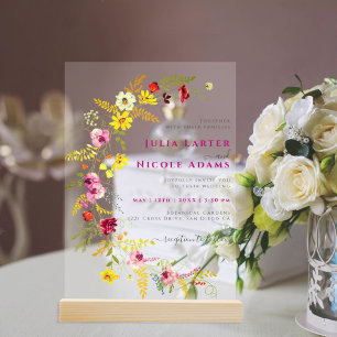 パープルピンクワイルドオーキッドフラワーズリース結婚ズ アクリル招待状