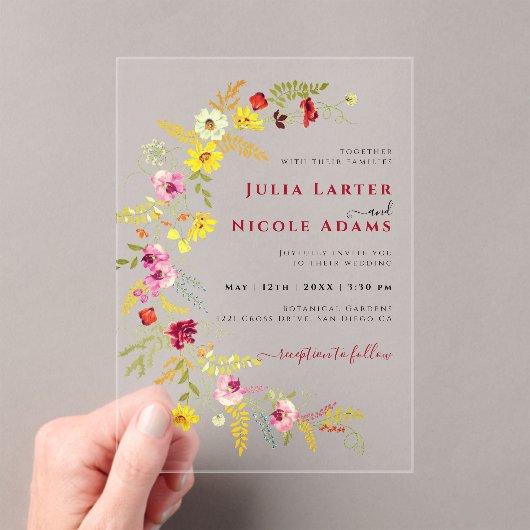 パープルピンクワイルドオーキッドフラワーズリース結婚ズ アクリル招待状 (インサイチュ (ポータブル))