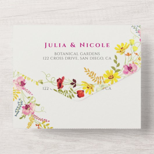 パープルピンクワイルドオーキッドフラワーズリース結婚ズ オールインワン招待状 (裏面)