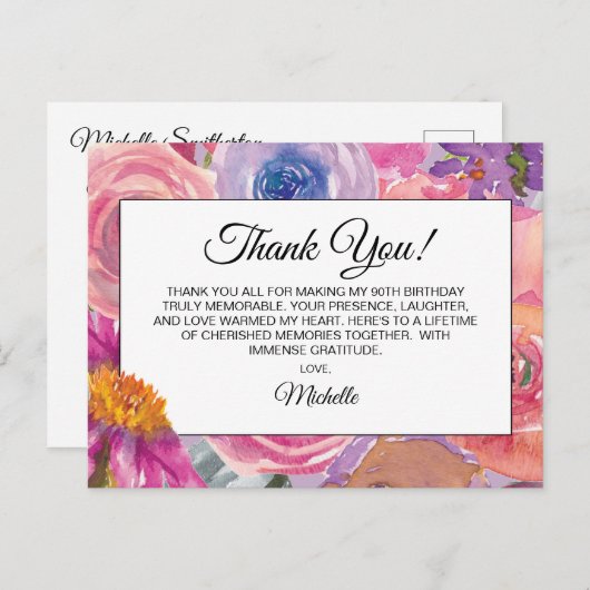 パープルピンクワイルドフラワーズ90誕生日ありがとうございました ポストカード (正面/裏面)