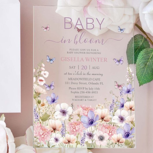 パープルピンクワイルドフラワー蝶ベビーイン開花 アクリル招待状