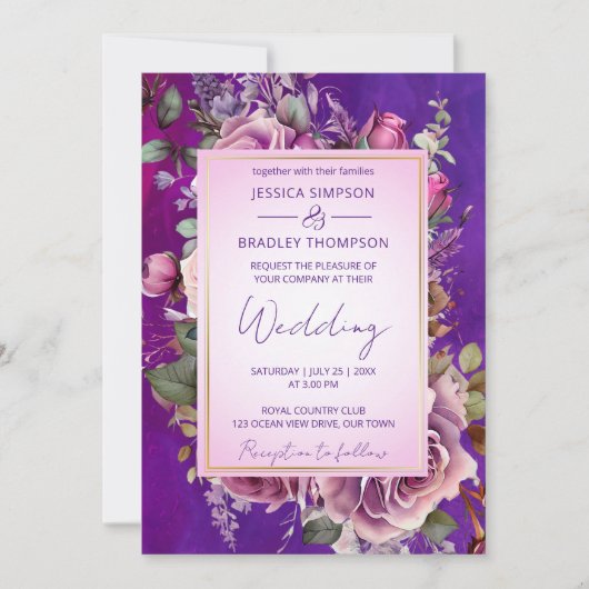 パープルピンクヴィンテージバラエレガントな結婚式 招待状 (正面)