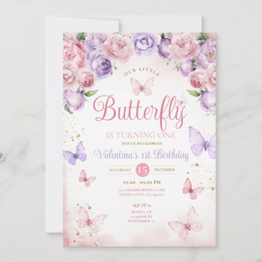 パープルピンク我々の小さな蝶は1回転している 招待状 (正面)