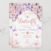 パープルピンク我々の小さな蝶は1回転している 招待状 (正面/裏面)
