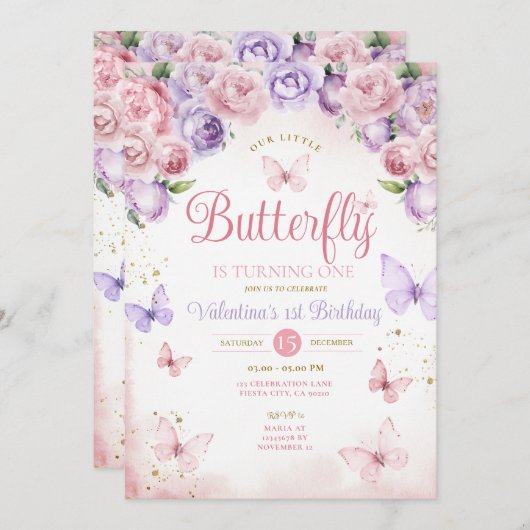 パープルピンク我々の小さな蝶は1回転している 招待状 (正面/裏面)