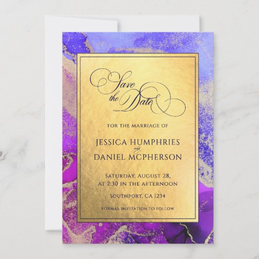 パープルピンク抽象芸術ゴールドフォイル結婚ズフラット セーブザデート (正面)