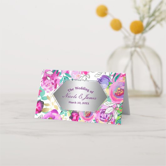 パープルピンク明るいモダンフローラテーブルシート プレイスカード (正面)