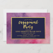 パープルピンク水彩フェイク金ゴールド婚約パーティ 招待状 (正面)