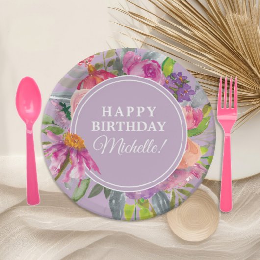 パープルピンク水彩フローラ誕生日パーティー ペーパープレート